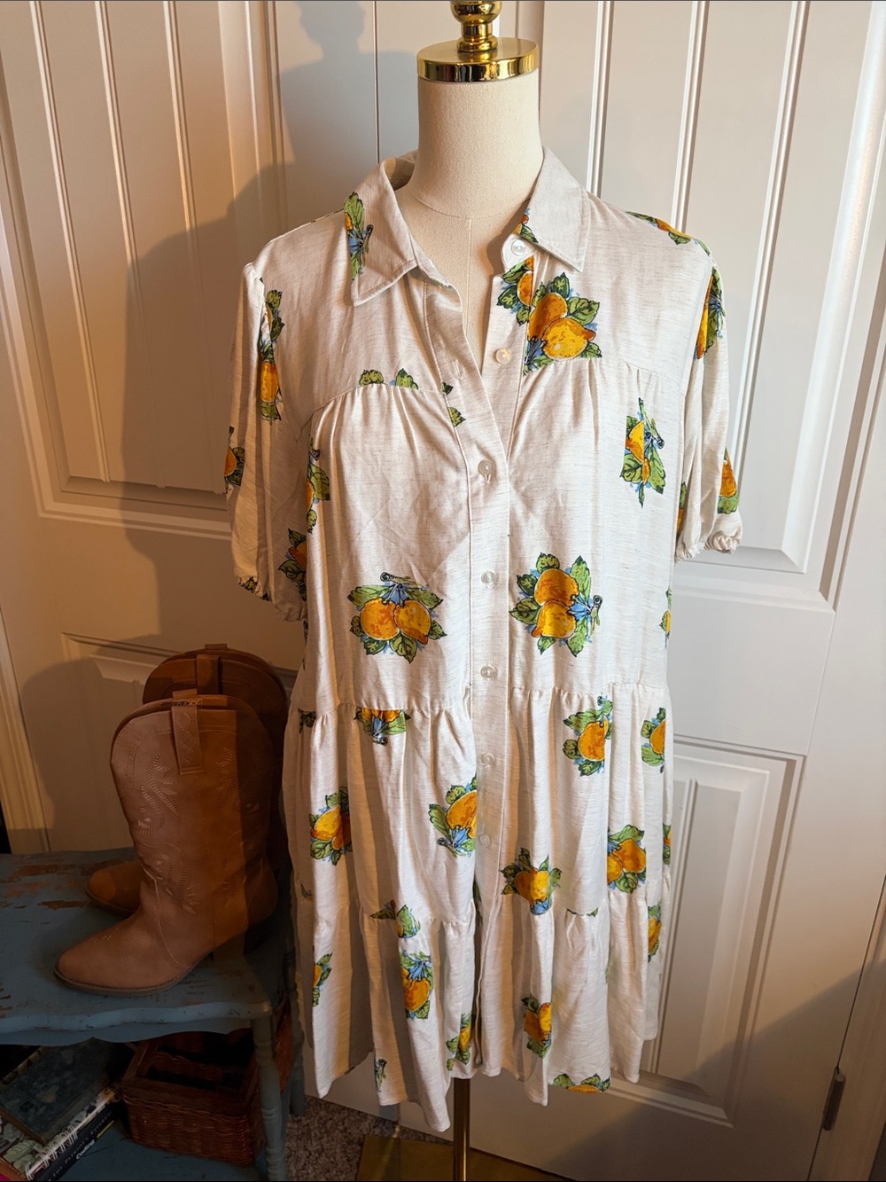 White Button-Front Short Sleeve Dress with Yellow Citrus Print